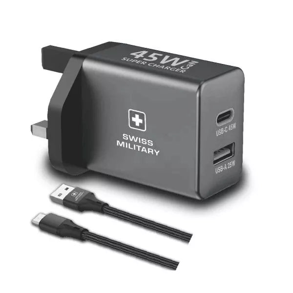 Swiss Military 45W Gan Super Charger | USB A to USB C Cable